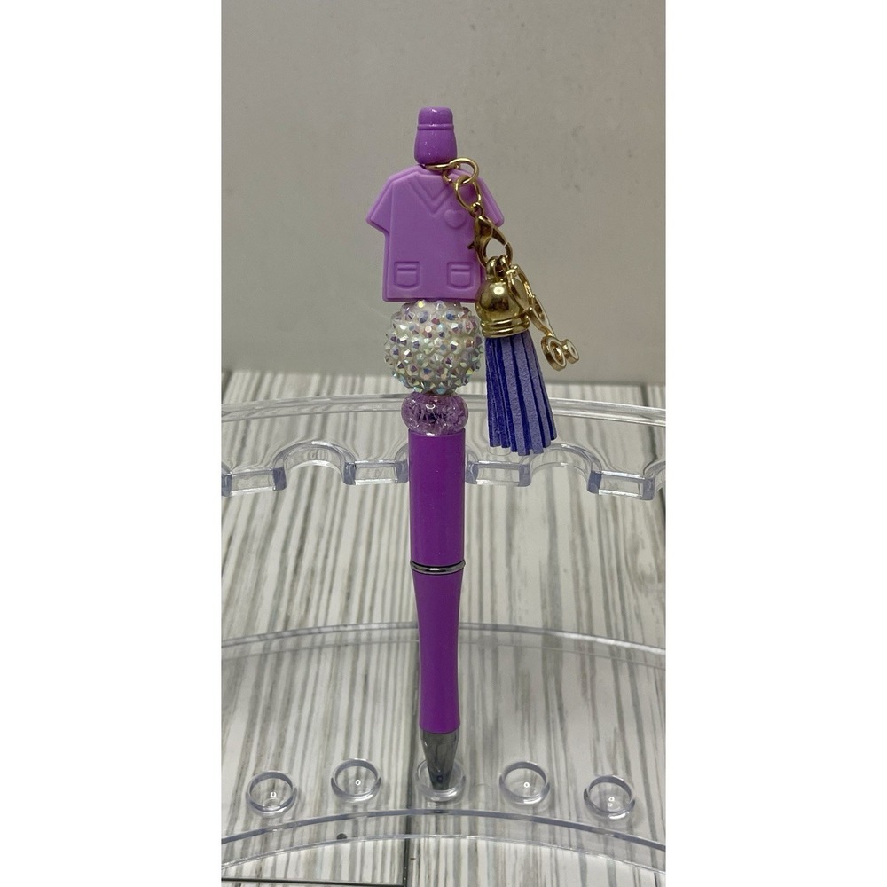 Purple Scrub Top With White Sparkle Bead - Beaded Pen Black Ink